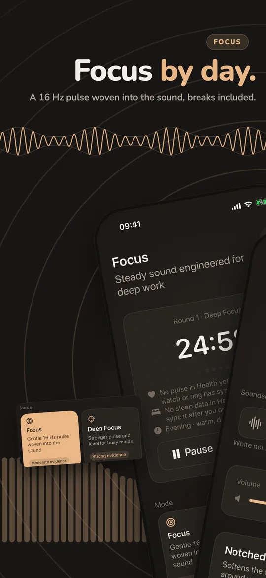 Quietra Focus mode on iPhone: a 16 Hz pulse woven into the sound while a 25-minute pomodoro round counts down