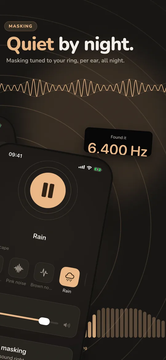 Tinnitus masking playing in Quietra, shaped around the pitch found by the ring finder