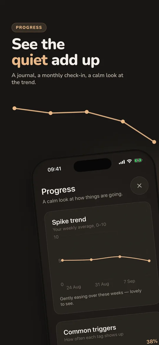 Quietra progress: a daily journal, a monthly check-in and the trend over the weeks
