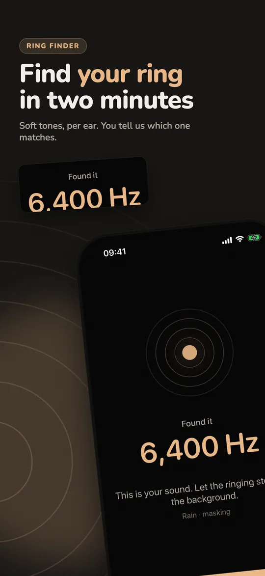 The Quietra ring finder: soft tones narrow in on the pitch of your tinnitus, per ear if you like