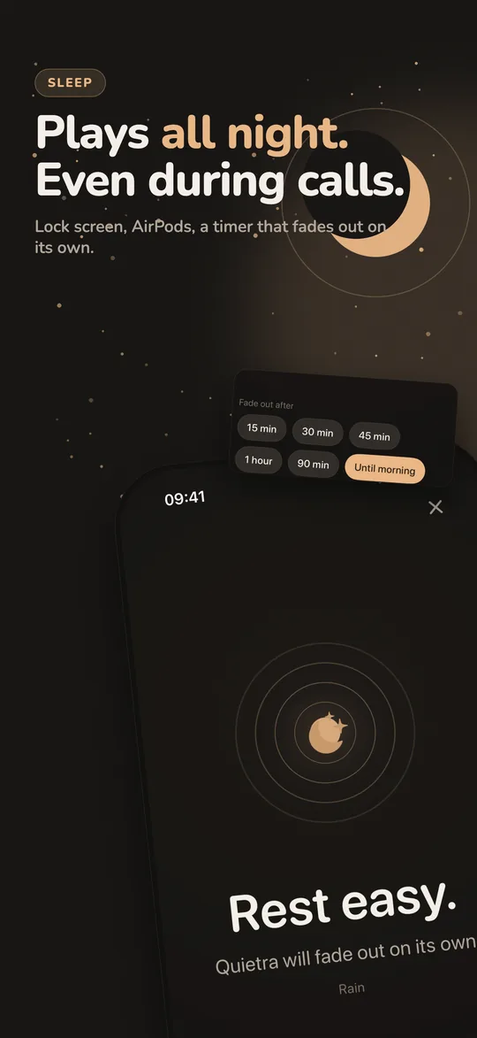 Quietra playing all night: lock-screen controls and a sleep timer that fades the sound out